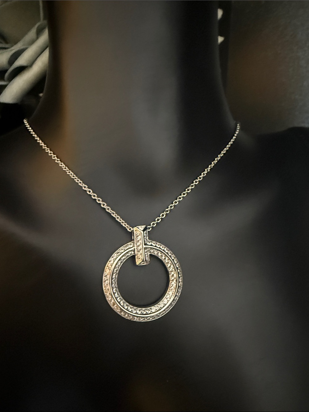 Pavé Double-Ring Pendant Necklace in Silver